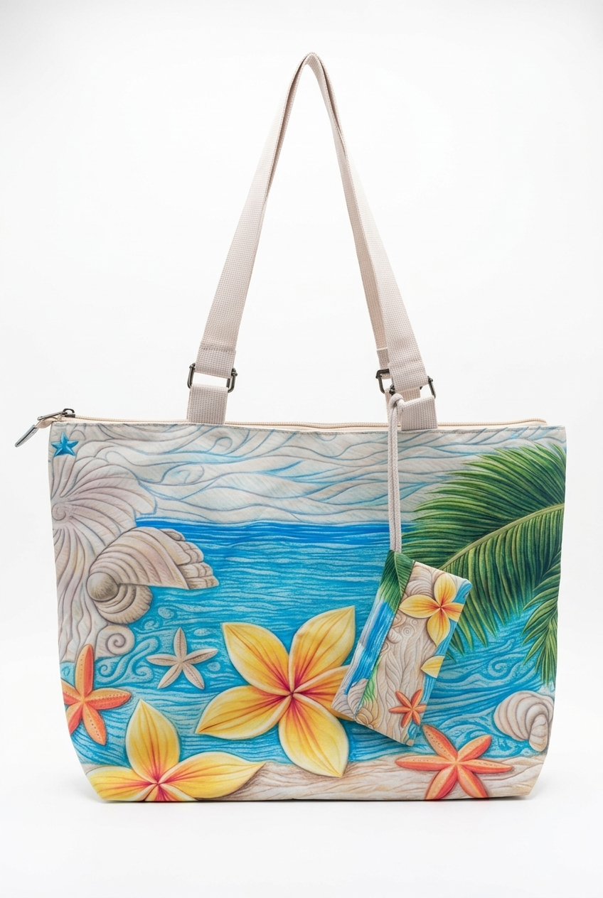 Kadın Plaj Çantası Büyük Boy Sarı Çiçekli Omuz Çantası - Günlük Yazlık Fermuarlı Çanta