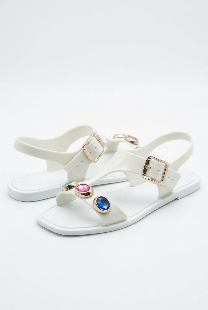 Gökkuşağı Taşlı Şeffaf Saya Beyaz Sandalet Kadın J-9008-1