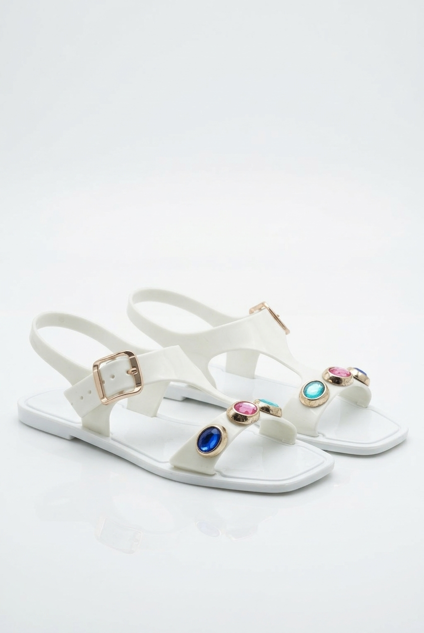 Gökkuşağı Taşlı Şeffaf Saya Beyaz Sandalet Kadın J-9008-1