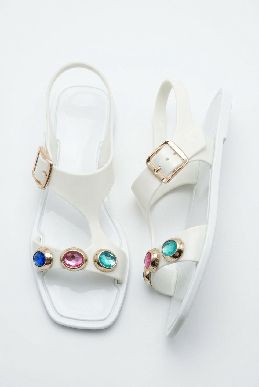 Gökkuşağı Taşlı Şeffaf Saya Beyaz Sandalet Kadın J-9008-1