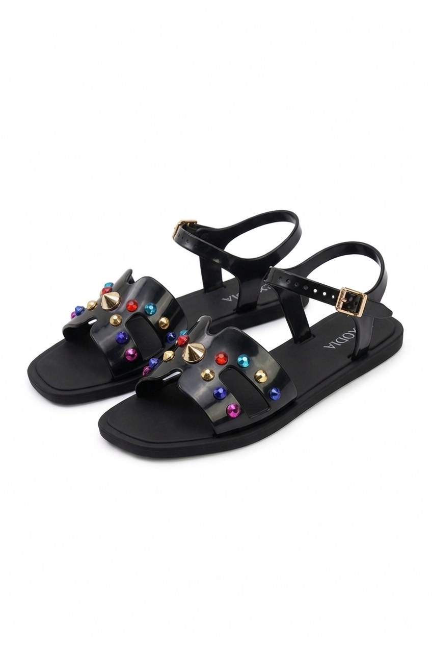 Gökkuşağı Taşlı Zımba Detaylı Siyah Sandalet Kadın J-9007-1