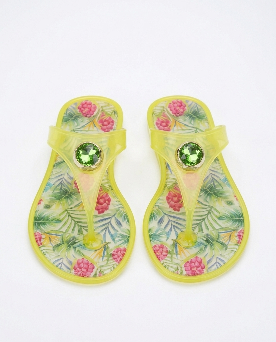 Kadın Nude Taşlı Parmak Arası Terlik - Ananas ve Limon Desenli Otantik Yazlık Jelly Terlik