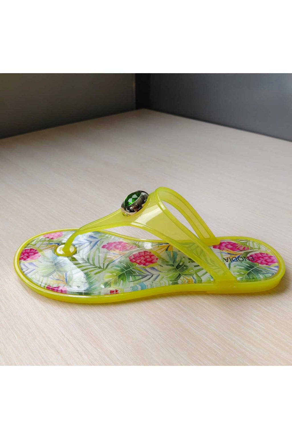 Kadın Nude Taşlı Parmak Arası Terlik - Ananas ve Limon Desenli Otantik Yazlık Jelly Terlik