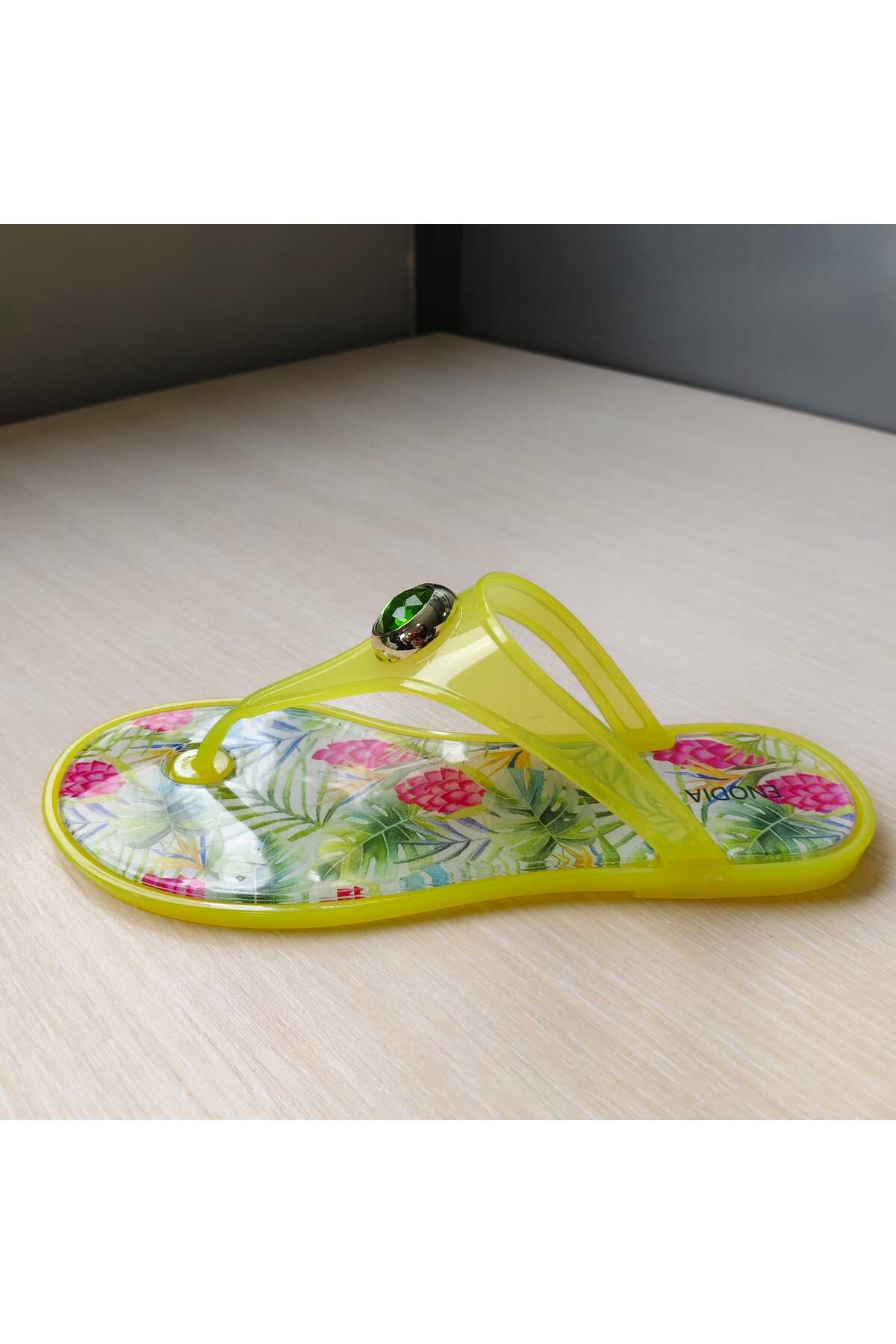 Kadın Nude Taşlı Parmak Arası Terlik - Ananas ve Limon Desenli Otantik Yazlık Jelly Terlik