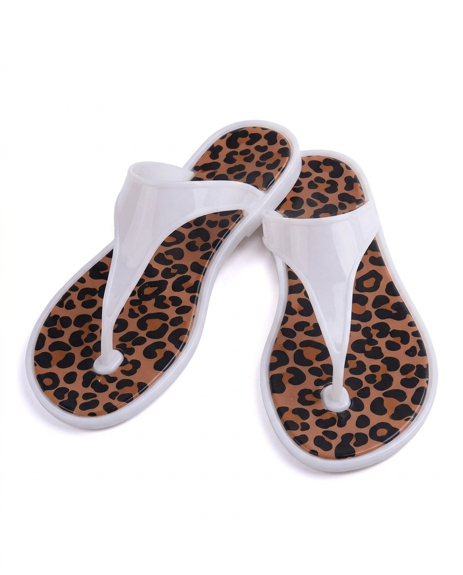 J-9003-2 Taşlı Otantik Desenli Nude Jelly Parmak Arası Terlik Leoparlı Beyaz