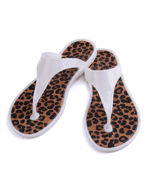 J-9003-2 Taşlı Otantik Desenli Nude Jelly Parmak Arası Terlik Leoparlı Beyaz