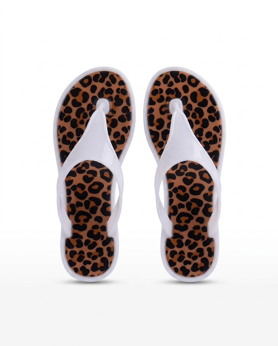 J-9003-2 Taşlı Otantik Desenli Nude Jelly Parmak Arası Terlik Leoparlı Beyaz