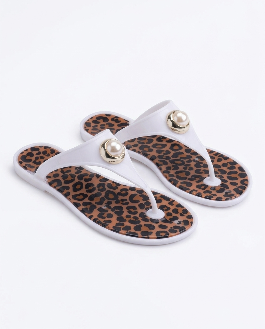 J-9003-2 Taşlı Otantik Desenli Nude Jelly Parmak Arası Terlik Leoparlı Beyaz Taşlı