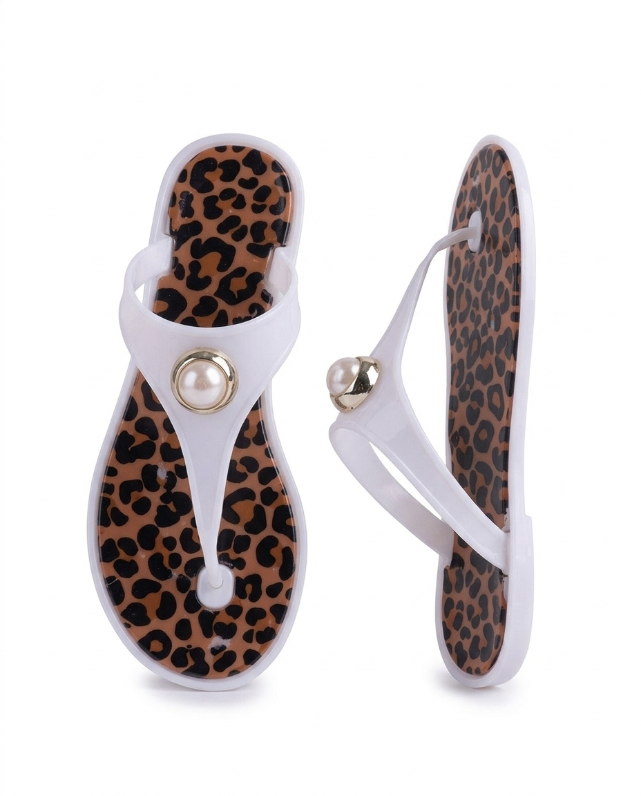 J-9003-2 Taşlı Otantik Desenli Nude Jelly Parmak Arası Terlik Leoparlı Beyaz Taşlı
