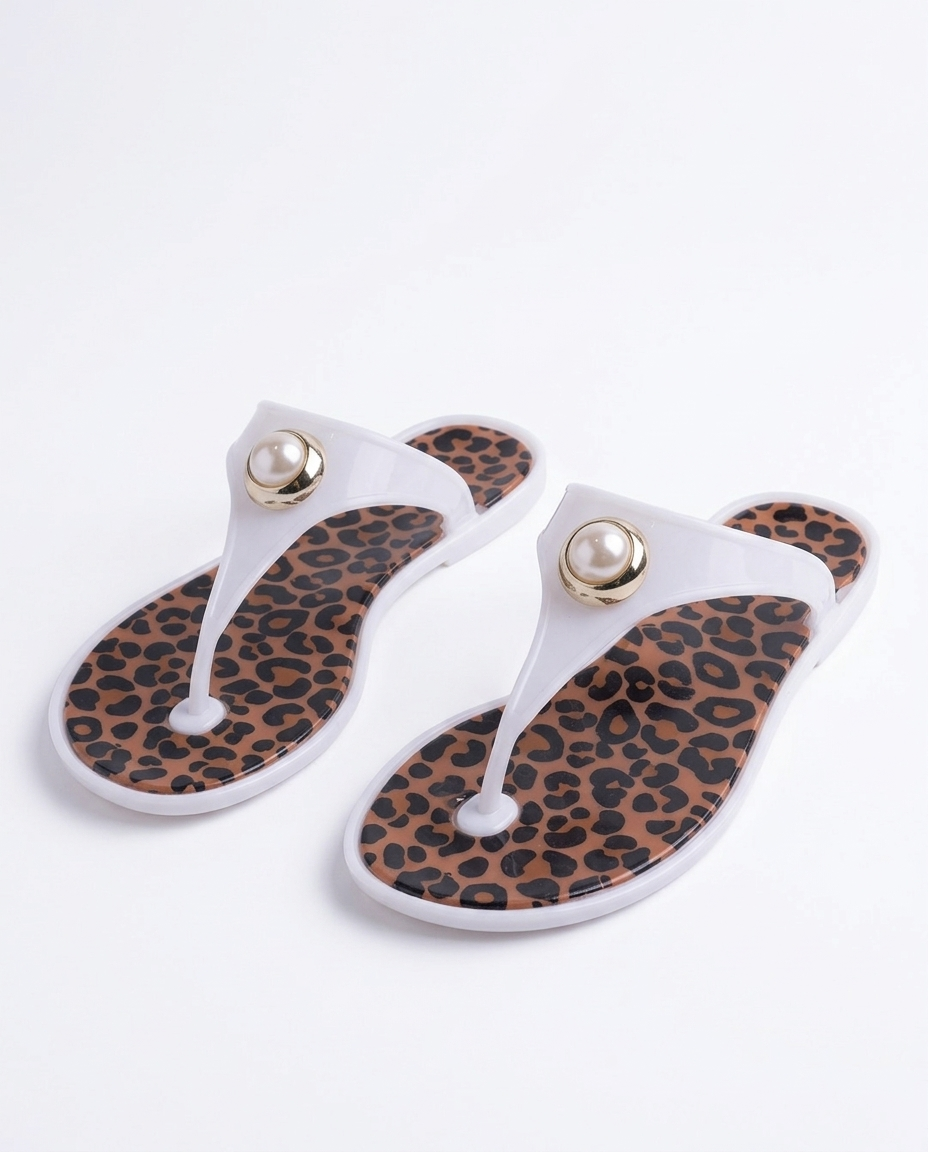 J-9003-2 Taşlı Otantik Desenli Nude Jelly Parmak Arası Terlik Leoparlı Beyaz Taşlı