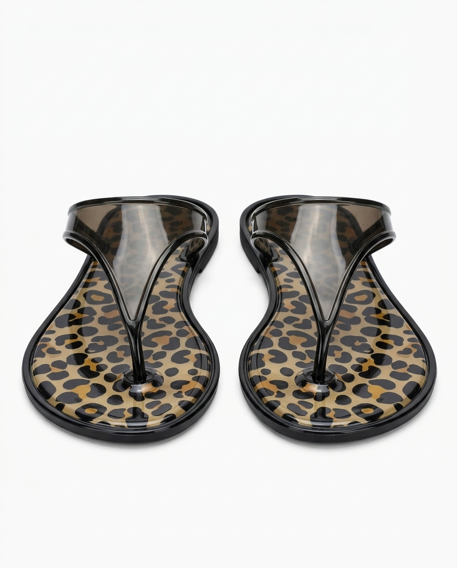 Kadın Siyah Leoparlı Taşlı Jelly Parmak Arası Terlik - J-9003-2 Otantik Desenli Nude Yazlık Terlik