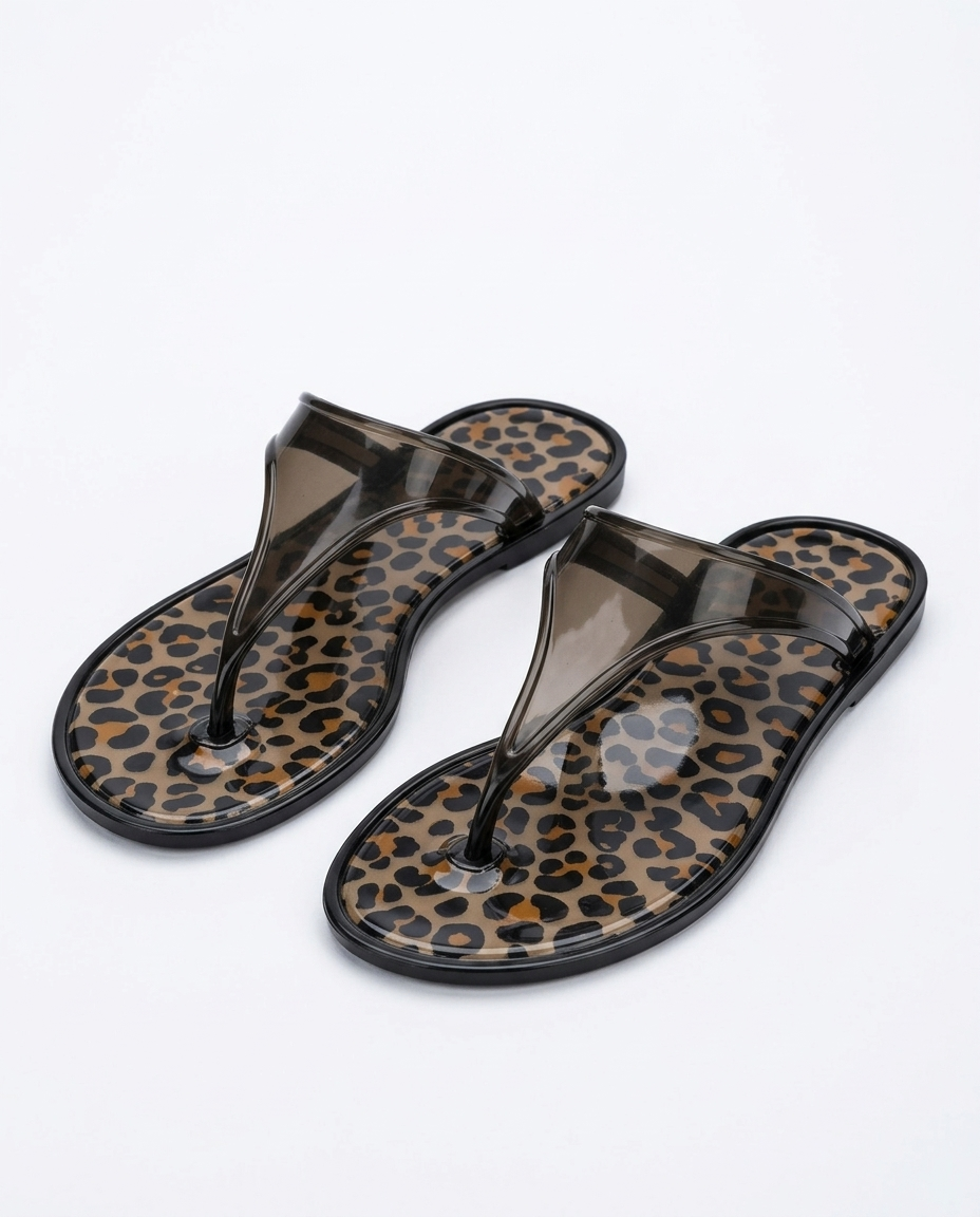 Kadın Siyah Leoparlı Taşlı Jelly Parmak Arası Terlik - J-9003-2 Otantik Desenli Nude Yazlık Terlik