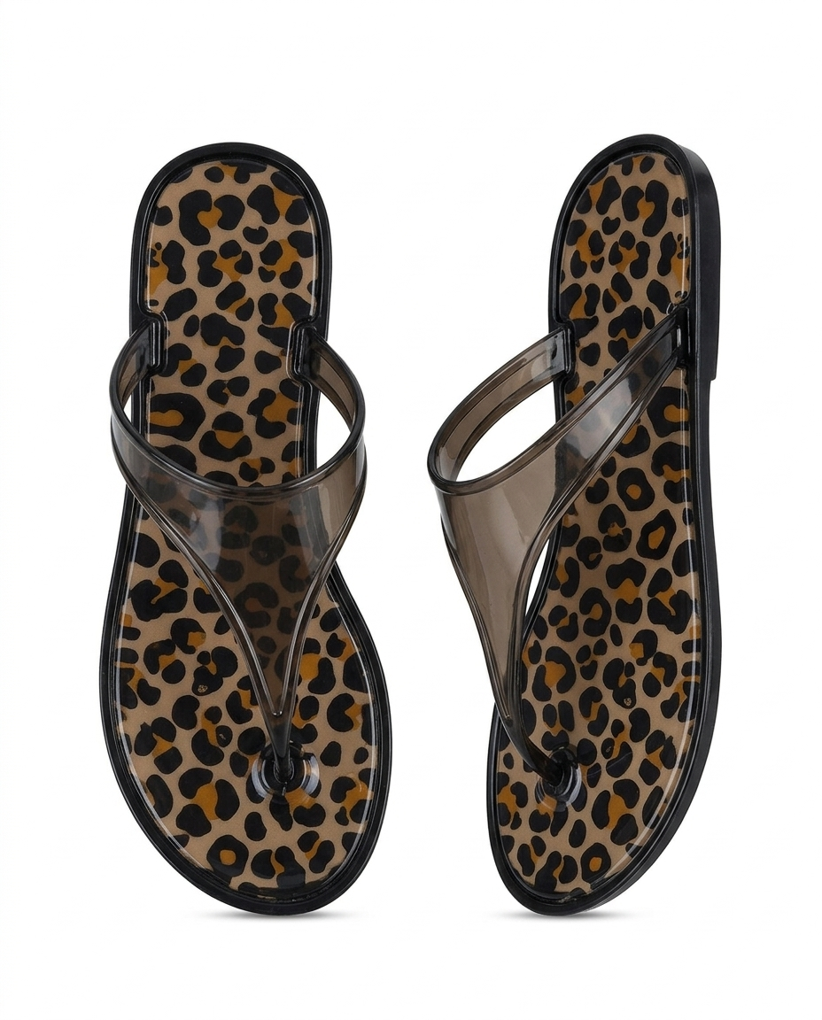 Kadın Siyah Leoparlı Taşlı Jelly Parmak Arası Terlik - J-9003-2 Otantik Desenli Nude Yazlık Terlik