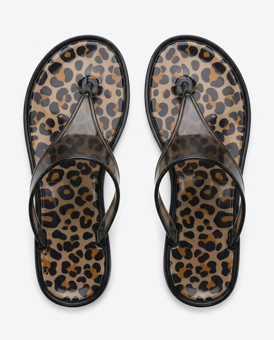 Kadın Siyah Leoparlı Taşlı Jelly Parmak Arası Terlik - J-9003-2 Otantik Desenli Nude Yazlık Terlik