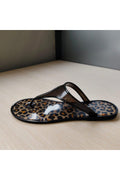 Kadın Siyah Leoparlı Taşlı Jelly Parmak Arası Terlik - J-9003-2 Otantik Desenli Nude Yazlık Terlik