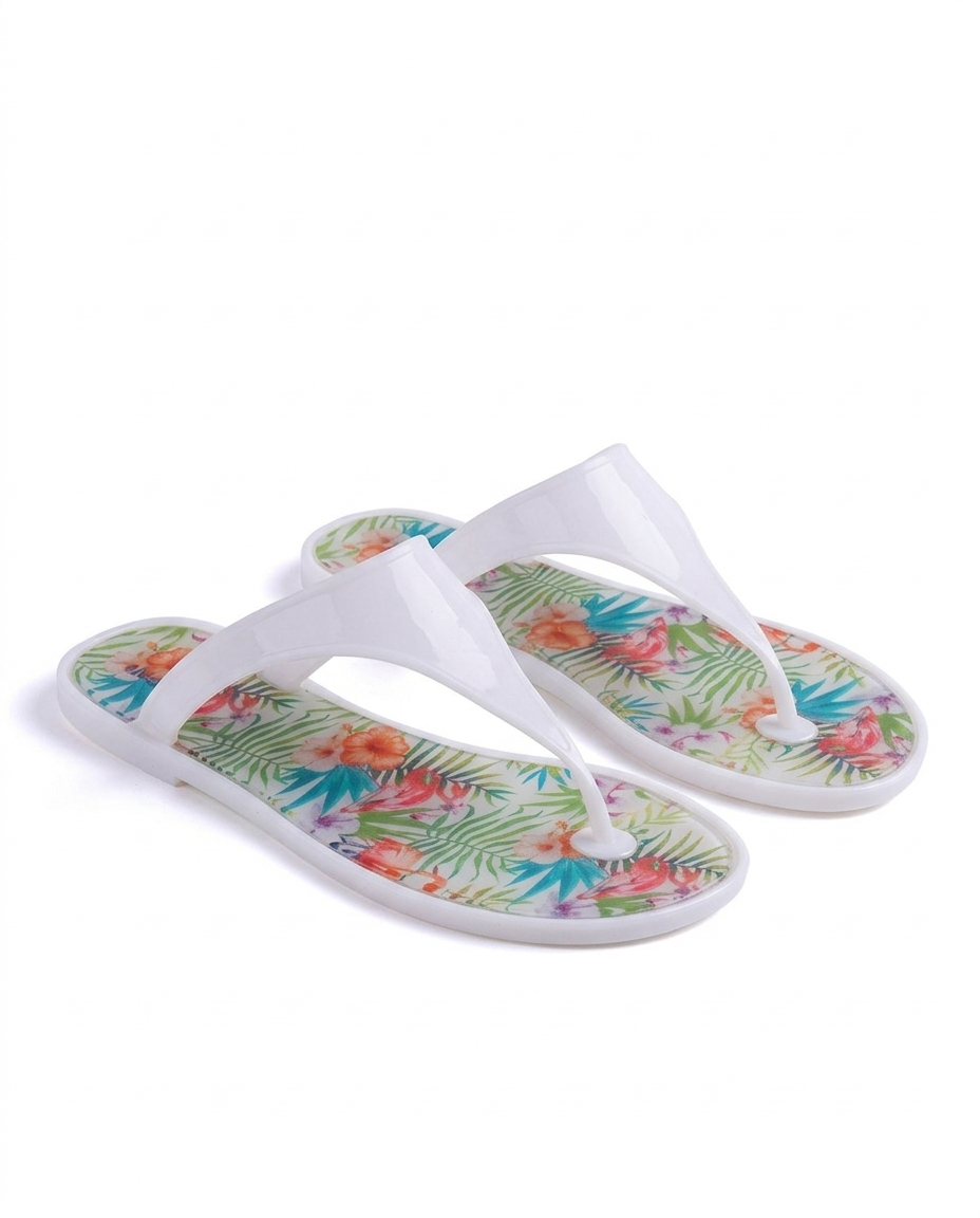Deniz Esintisi ve Tropikal Şıklık: Beyaz Pelikan Desenli Jelly Terlik