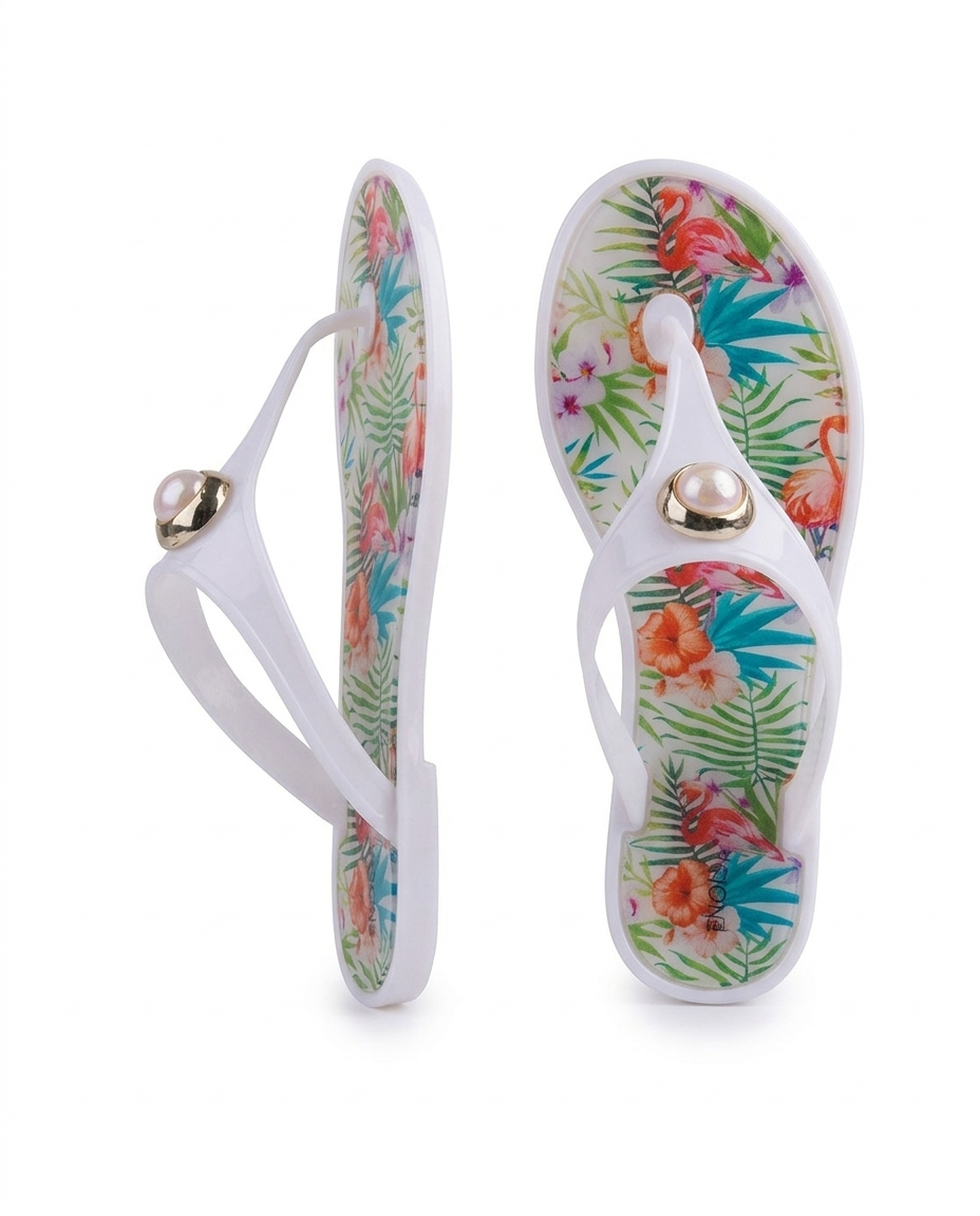 J-9003-2 Taşlı Otantik Desenli Nude Jelly Terlik - Flamingo Beyaz Şık Yazlık Parmak Arası