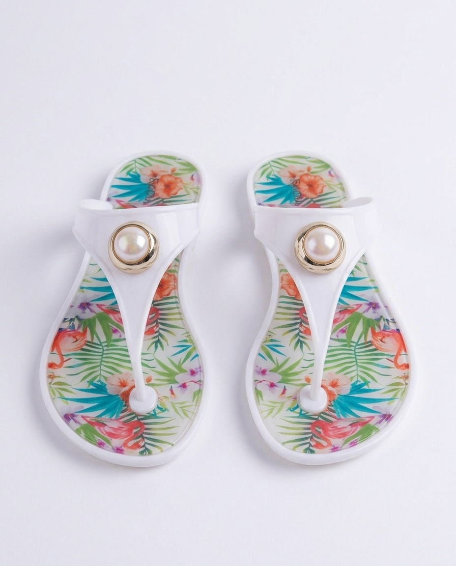 J-9003-2 Taşlı Otantik Desenli Nude Jelly Terlik - Flamingo Beyaz Şık Yazlık Parmak Arası