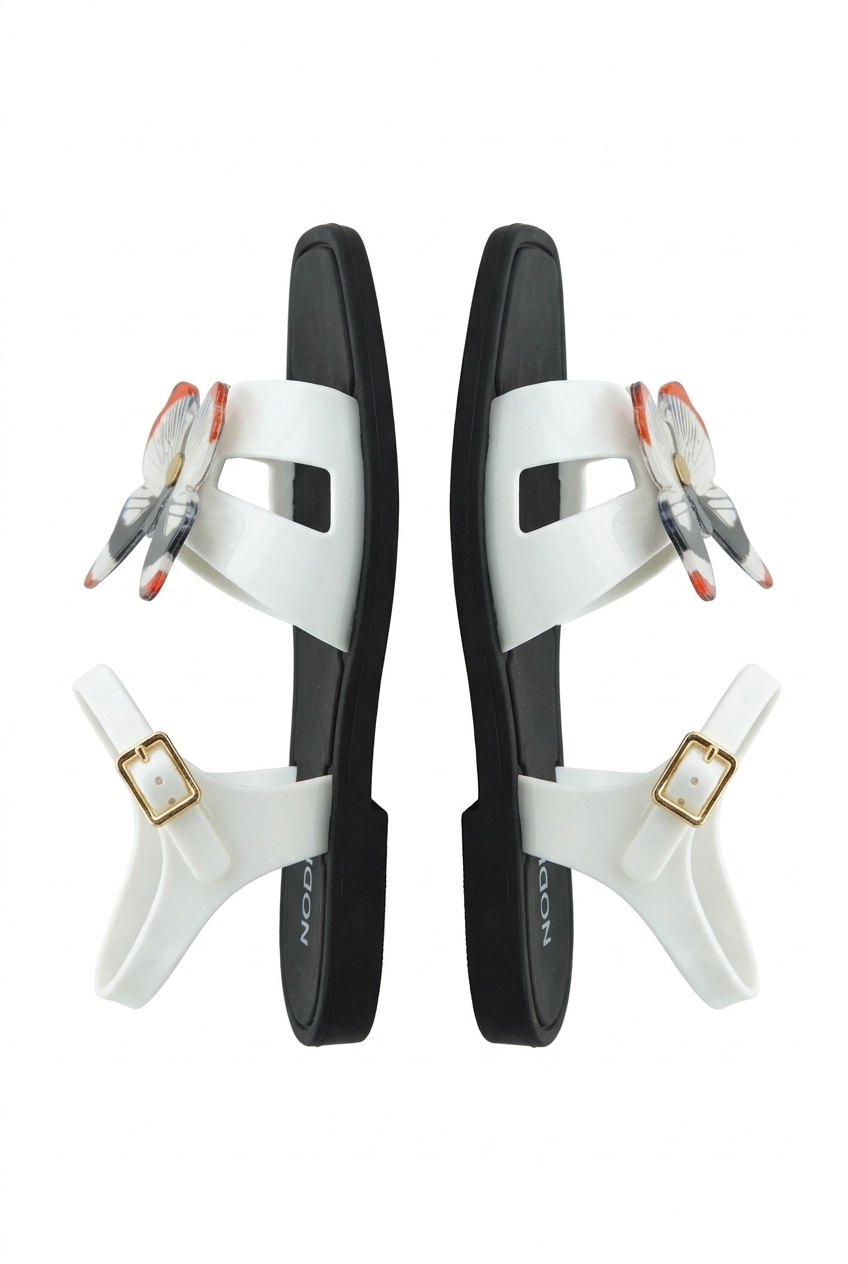 Beyaz Kelebek Detaylı Siyah Beyaz Kadın Sandalet J-9007-1