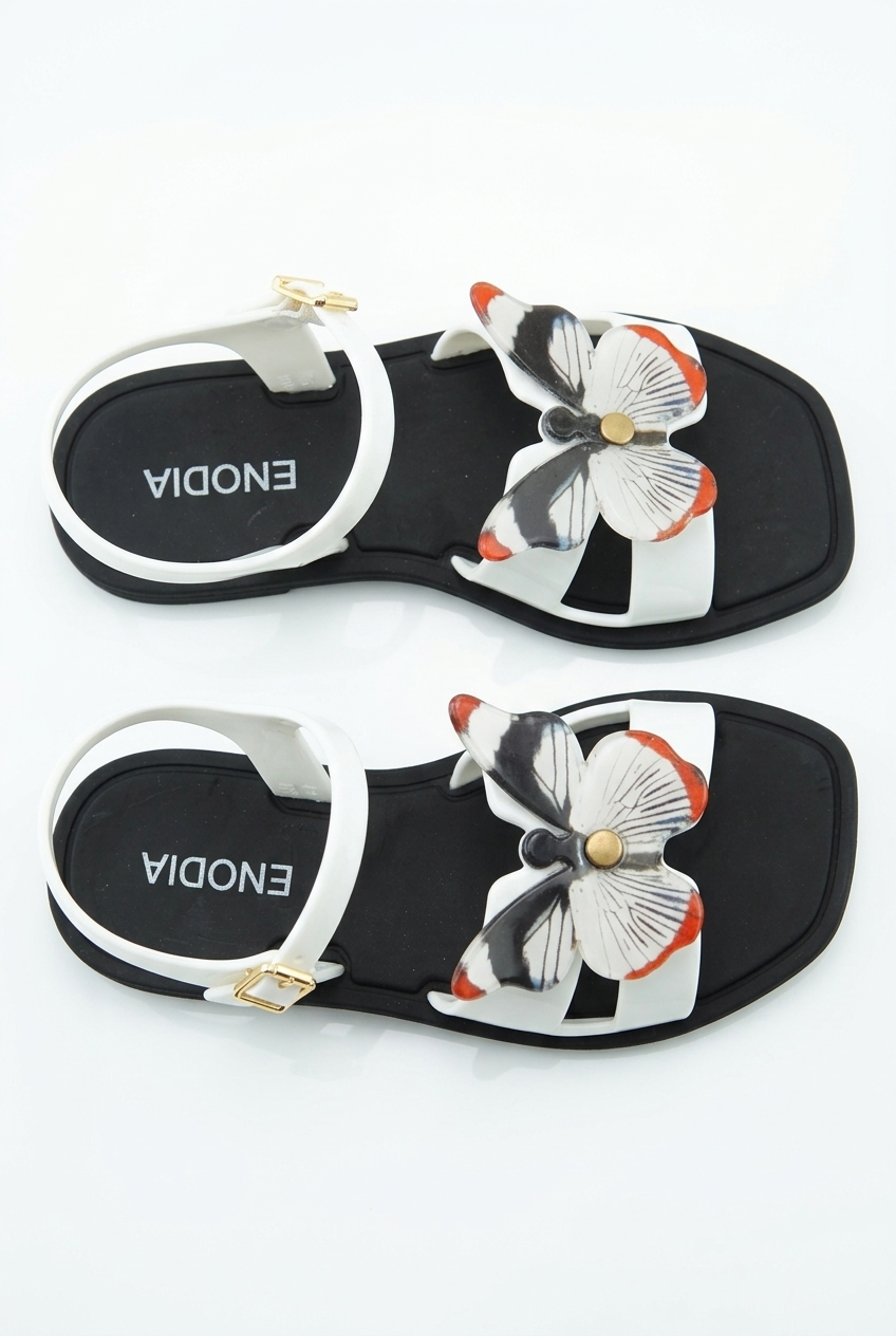 Beyaz Kelebek Detaylı Siyah Beyaz Kadın Sandalet J-9007-1