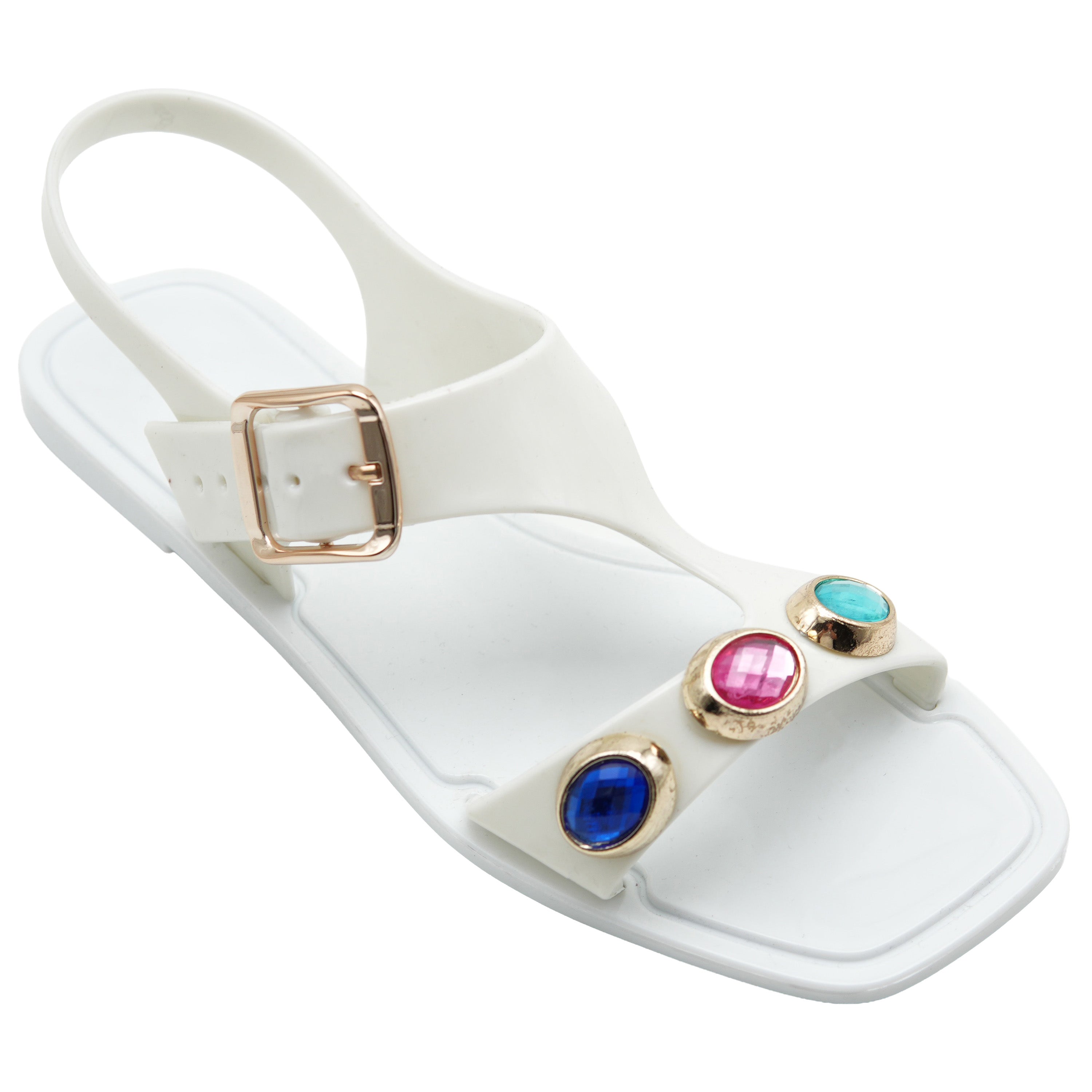 Gökkuşağı Taşlı Şeffaf Saya Beyaz Sandalet Kadın J-9008-1