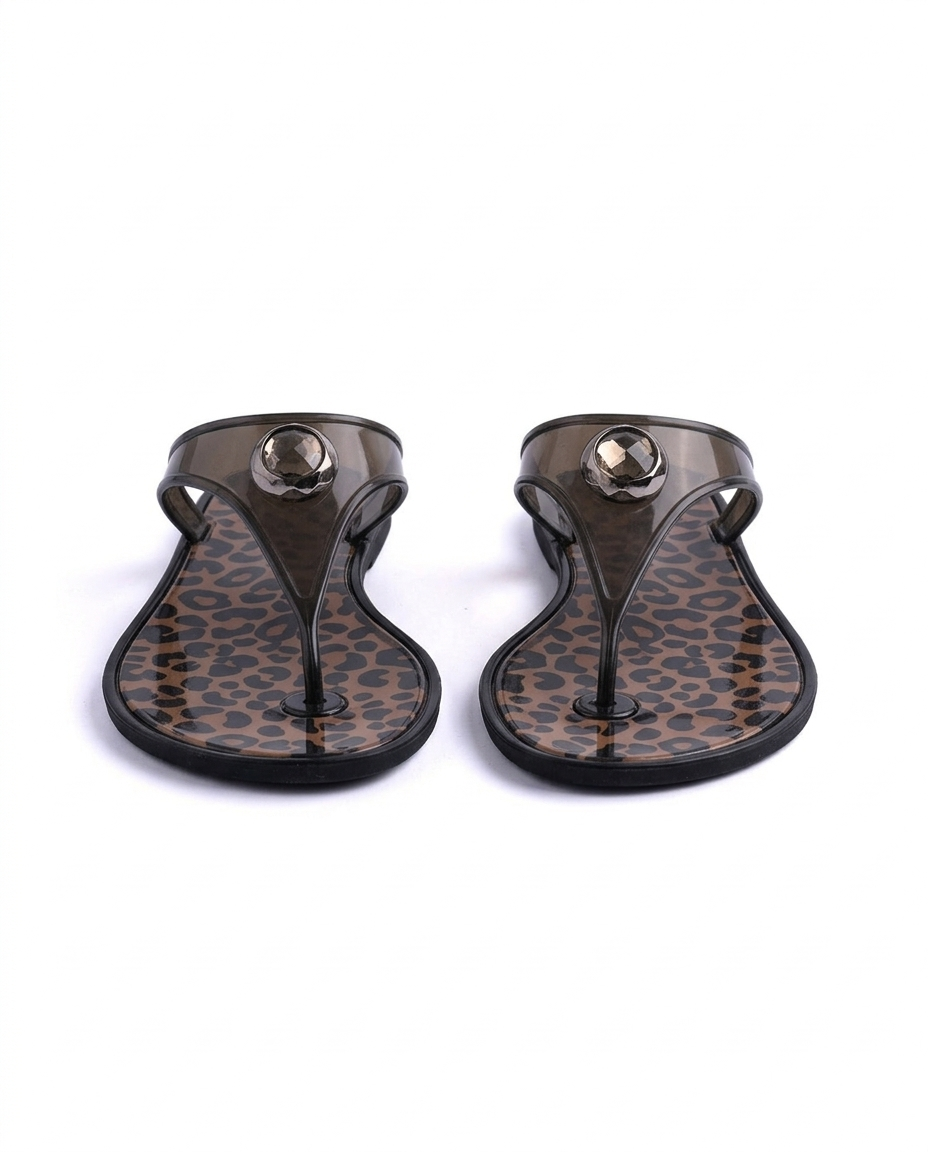 Kadın Siyah Leoparlı Taşlı Jelly Parmak Arası Terlik - J-9003-2 Otantik Desenli Nude Yazlık Sandalet