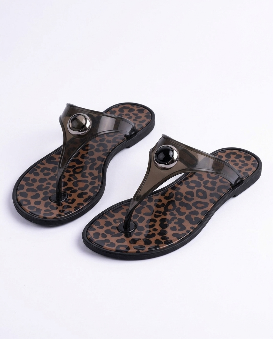 Kadın Siyah Leoparlı Taşlı Jelly Parmak Arası Terlik - J-9003-2 Otantik Desenli Nude Yazlık Sandalet
