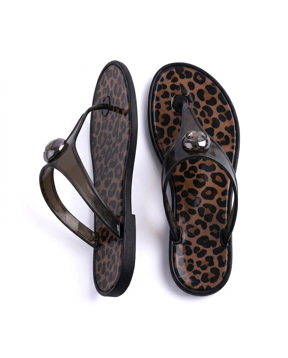 Kadın Siyah Leoparlı Taşlı Jelly Parmak Arası Terlik - J-9003-2 Otantik Desenli Nude Yazlık Sandalet